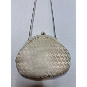 Vintage Judith Leiber Pearl Satin Clutch Crossbody Silver Chain Houndstooth Flaw